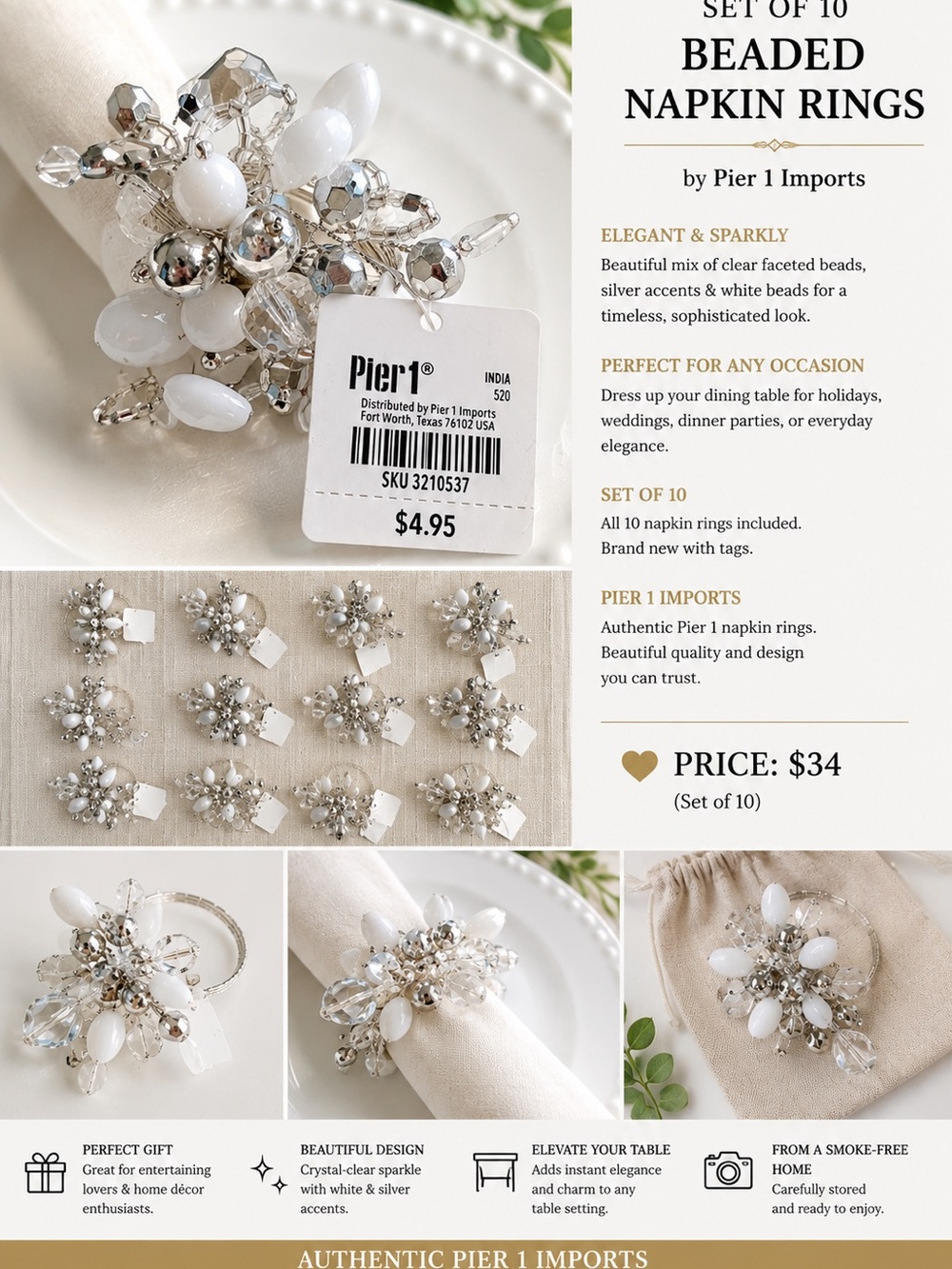 Pier 1 White and Silver Beaded Floral Napkin Rings (Set)